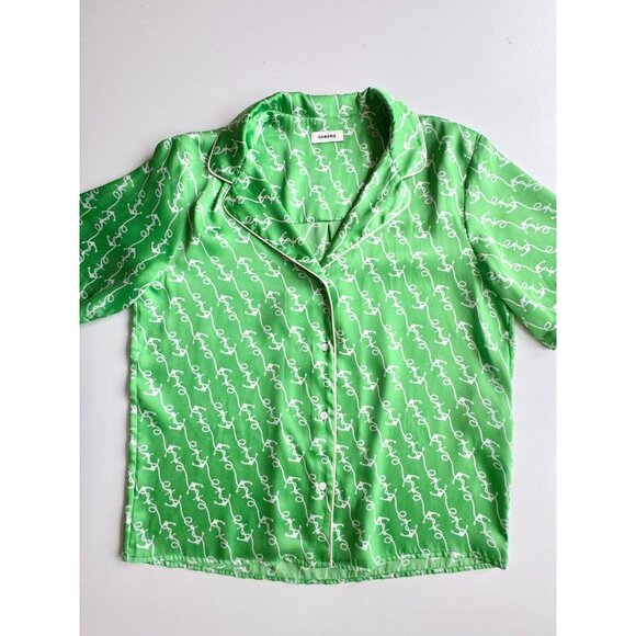 NWOT SANDRO Voillier Green Anchor Print Satin Pajama Playsuit Set, Size 3/42 - Picture 7 of 16